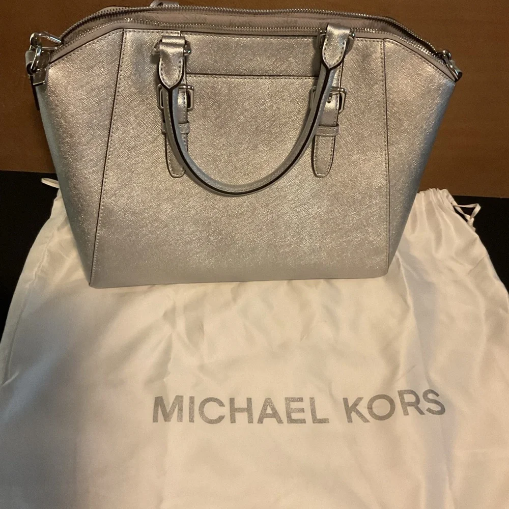 Michael Kors Metallic Silver Saffiano Satchel - Picture 2 of 3